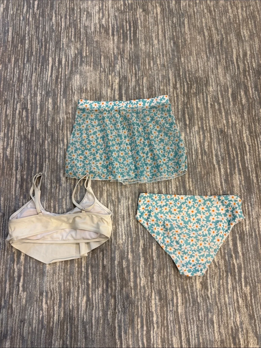 Girls' Aqua Daisy Skirted Bikini Set with White Ruffle Top
